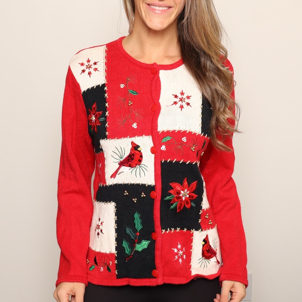 ❄️ Vintage Red and Black Sequin Cardinal Poinsettias Knit Cardigan Sweater - Picture 2 of 3